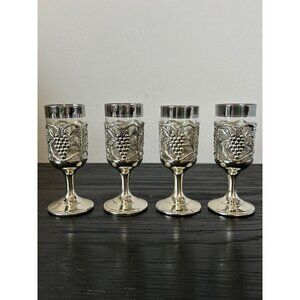 VTG (4) Holiday Imports Chalice Goblets Encased Silverplated Grapevines Barware